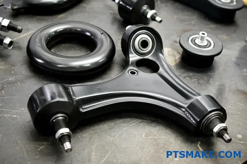 Black custom control arms featuring spherical bearings and precision machined joints