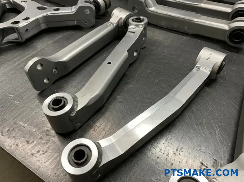 Detalle de los brazos de control personalizados de aluminio billet y acero al cromo-molibdeno