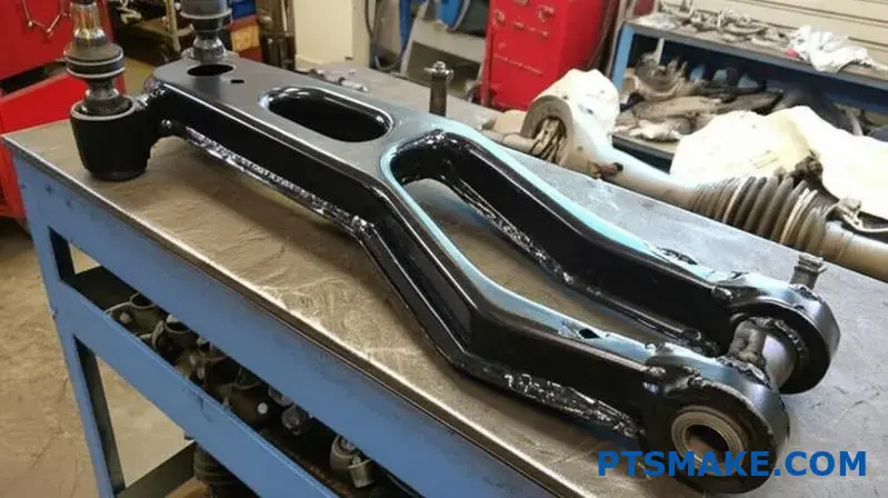 brazo de control reforzado negro con casquillos utilizado en sistemas de suspensión de automóviles