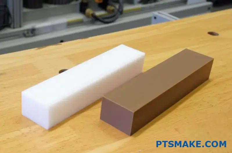 Blocchi in plastica acetalica e PEEK con superfici lavorate affiancate