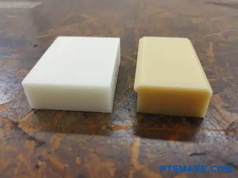 Parti in PTFE e PEEK lavorate con precisione che mostrano le differenze di materiale