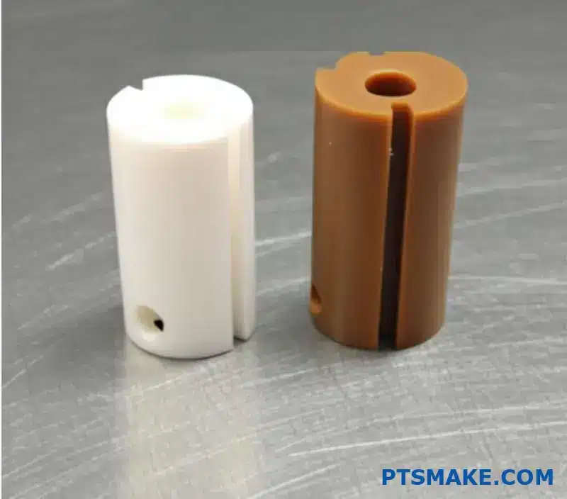 Componenti lavorati in PEEK e PTFE affiancati che mostrano i contrasti di materiale