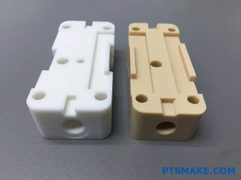 PVDF bianco e PEEK marrone lavorati fianco a fianco