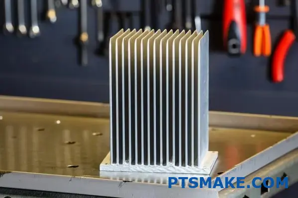 Silberner Aluminiumkühlkörper mit parallelen Rippen auf der Metalloberfläche