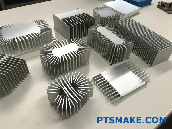 Verschiedene Arten von Aluminiumkühlkörpern mit Rippen und Stiften