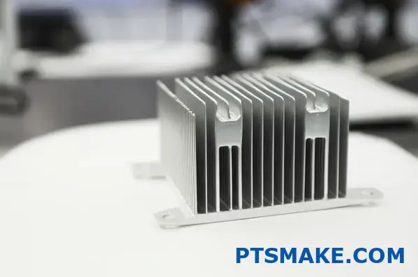Compact silver aluminum heat sink with thin fins on desk