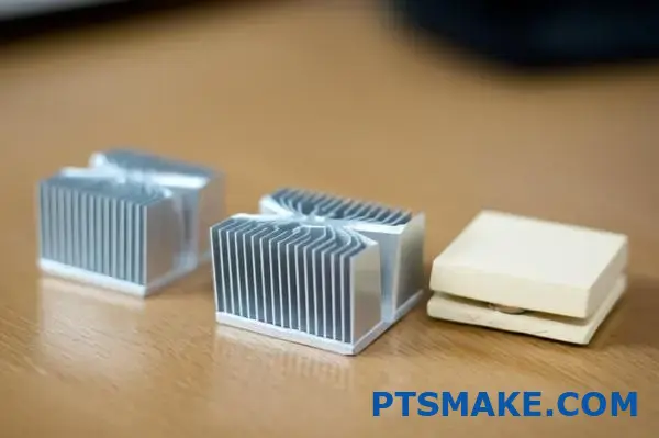 aluminum and ceramic heat sinks side by side showing cooling fins