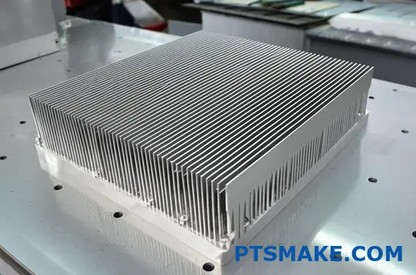 Bearbeiteter Aluminiumkühlkörper mit dicker Grundplatte und detaillierten Kühlrippen
