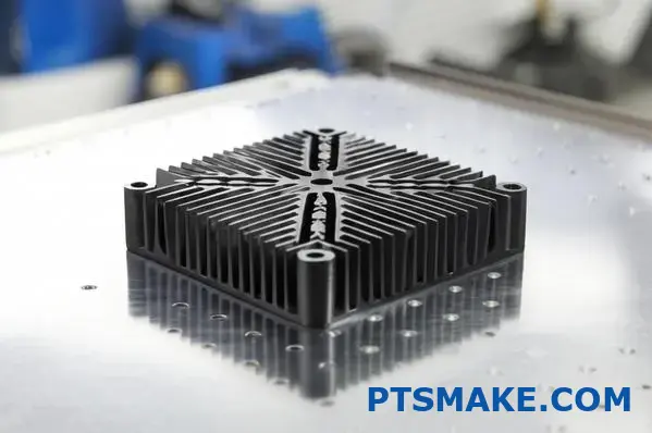Black anodized aluminum heat sink with smooth surface and visible fins