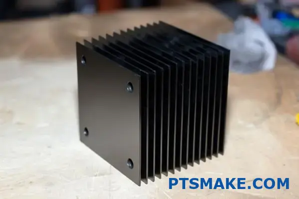 Black coated aluminum heat sink showing radiative surface texture