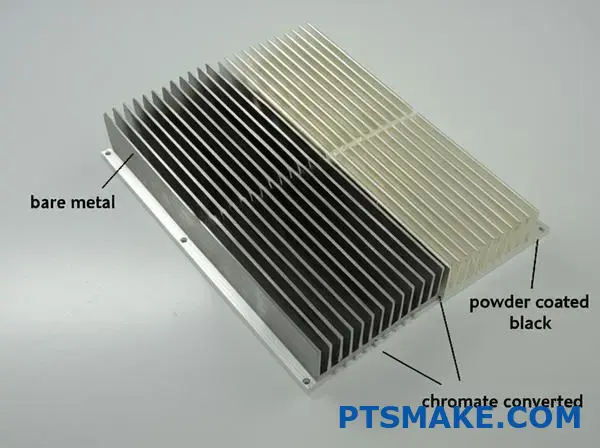 aluminum heat sink with various surface treatments including anodized and powder coated