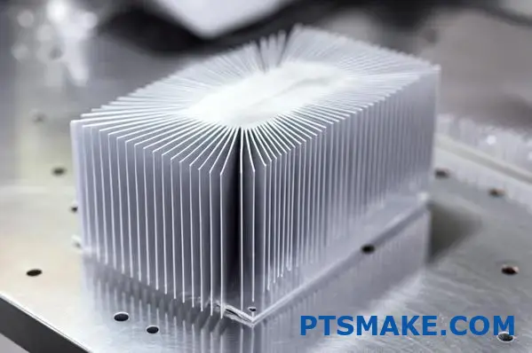 Lightweight aluminum cooling heat sink with thin fins on workbench