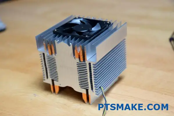 Nahaufnahme eines Aluminiumkühlkörpers mit Mini-Lüfter