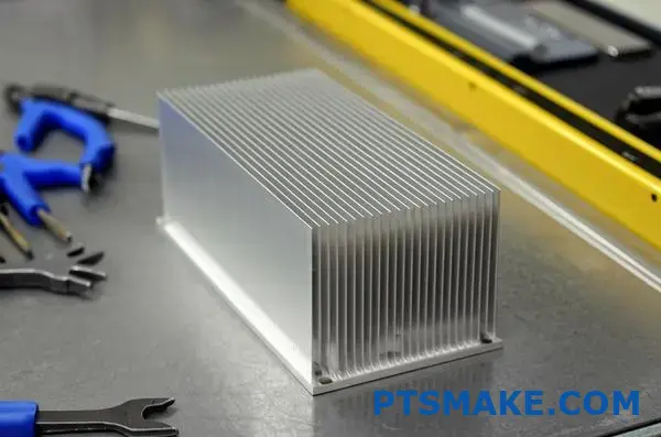 Silver aluminum heat sink showing thin fins and anodized surface