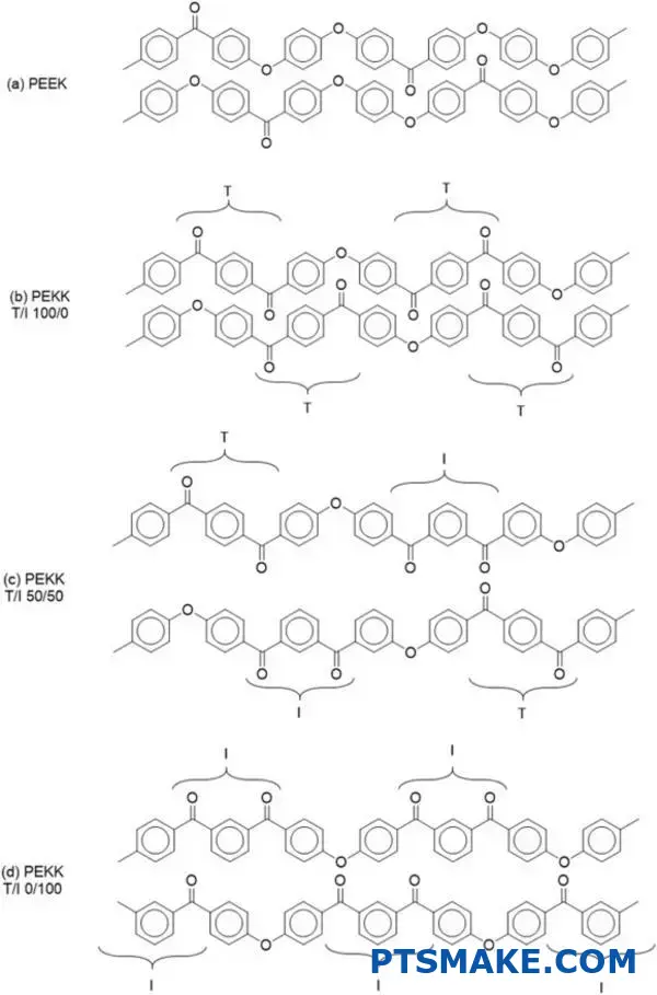 Diagramma semplificato che mette a confronto le strutture molecolari di PEEK e polietilene