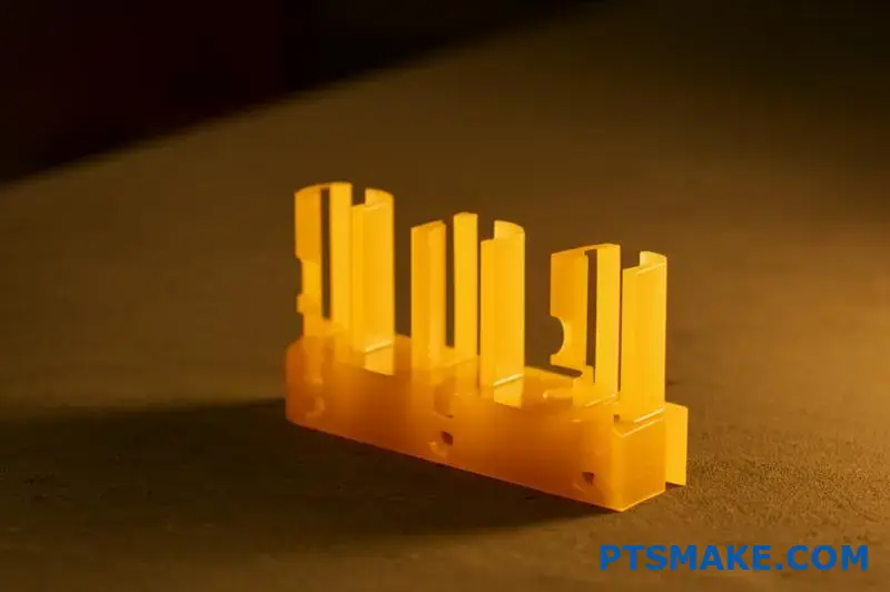 Componenti in PEEK ambrato lavorati con precisione con geometria complessa sulla superficie dell'officina