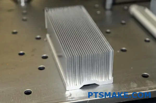 Primer plano del disipador de calor de aluminio extruido con aletas de refrigeración plateadas