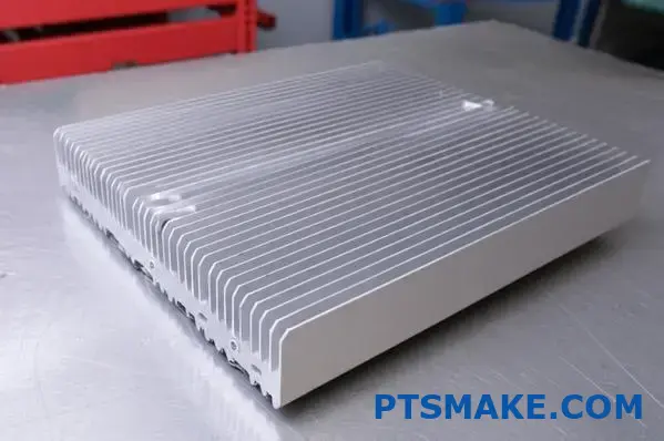 Primer plano del disipador de calor de aluminio plateado con múltiples aletas