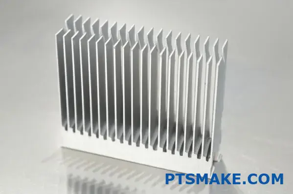 Primer plano del disipador de calor de aluminio extruido plateado con aletas verticales