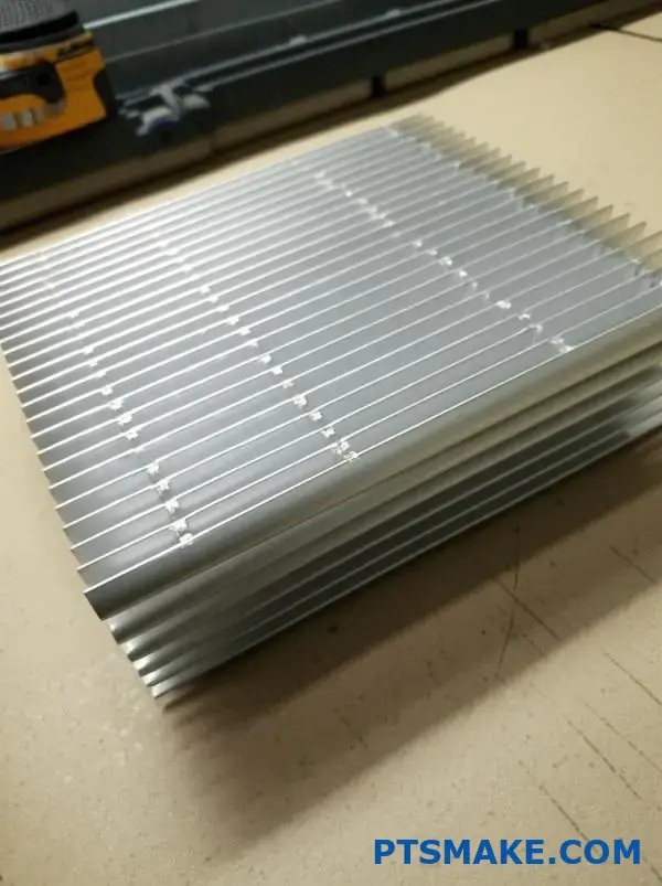 Disipador de calor de aluminio extruido plateado con corte horizontal y aletas visibles