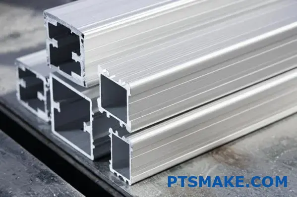 Multiple extruded aluminum heat-treatable profiles in silver metallic finish