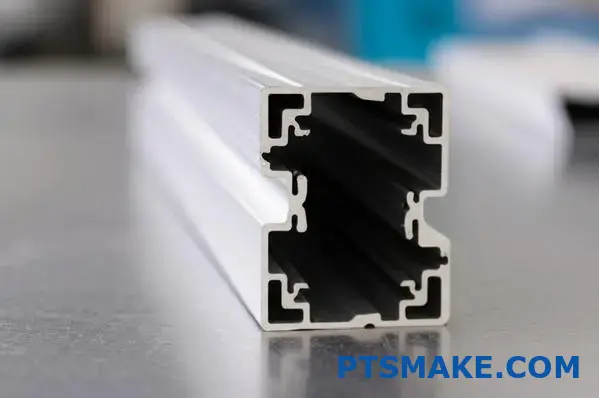 Heat-treated extruded aluminum profile with complex cross section and smooth silver finish