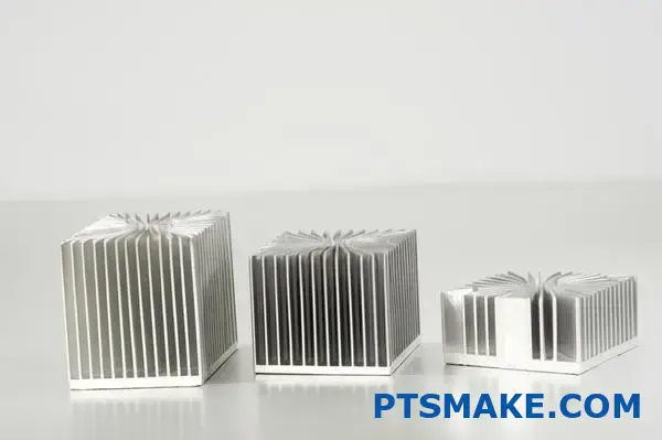 Tres disipadores térmicos de aluminio con estructuras de aletas rectas, dentadas y en espiga