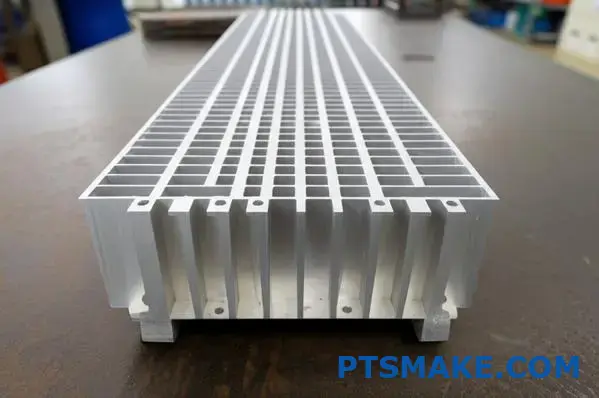 Long silver aluminum heat sink with complex fin structure and slight warping