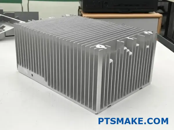 Silver extruded heat sink with aluminum cooling fins on workbench