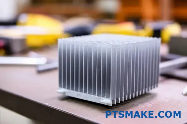 Silver extruded aluminum heatsink showing elongated grain texture and cooling fins