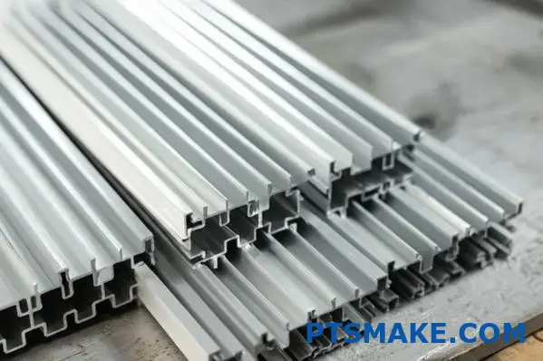 multiple extruded aluminum pieces with detailed grooves and matte finish