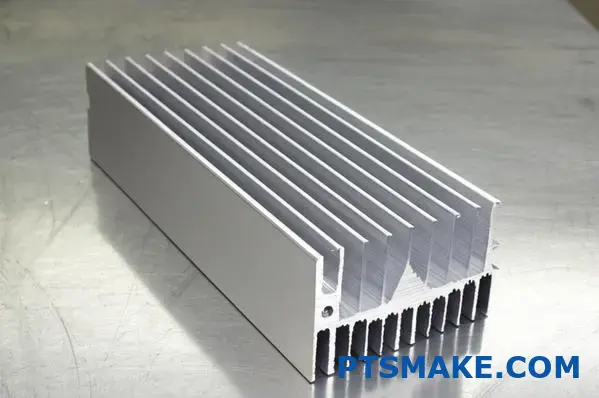 Vista detallada del disipador de calor de aluminio extruido que muestra el diseño de las aletas y el acabado de la superficie