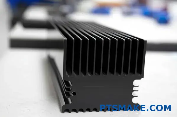 Disipador de calor de aluminio extruido con aletas de refrigeración sobre una mesa gris