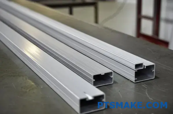 Slightly warped long aluminum extrusions with straightening fixtures used after quenching
