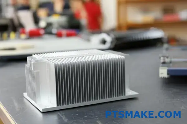 Silver extruded aluminum heat sink with straight fin design on table