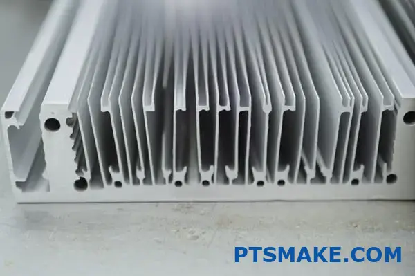 Close view of silver extruded aluminum cooling heat sink with fins