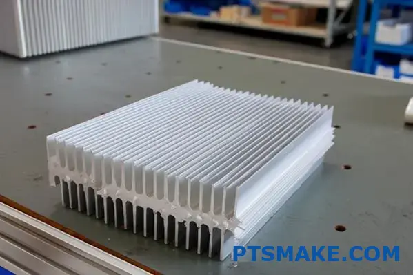 Silver extruded aluminum heat sink with multiple cooling fins on workbench