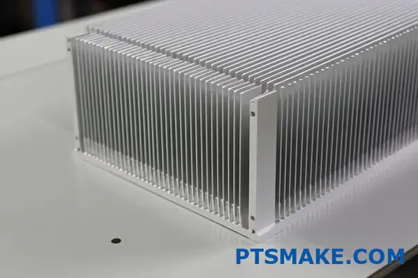 Custom aluminum cooling component with intricate fins and mounting details