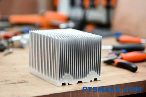 Detailed silver aluminum heat sink with fins and mounting slots