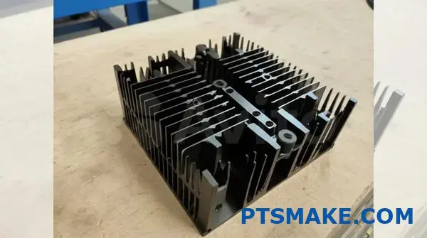 Custom black aluminum heat sink with fins, mount slots and structural ribs