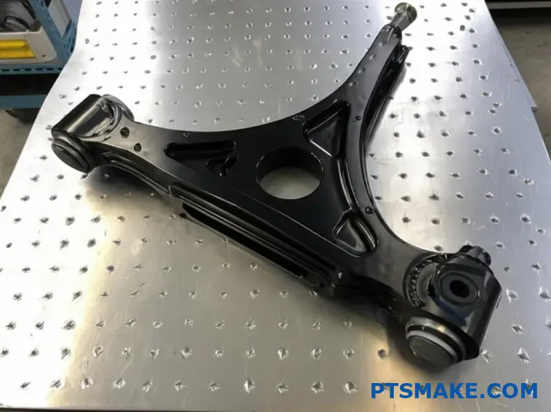 CNC machined black control arm with custom design