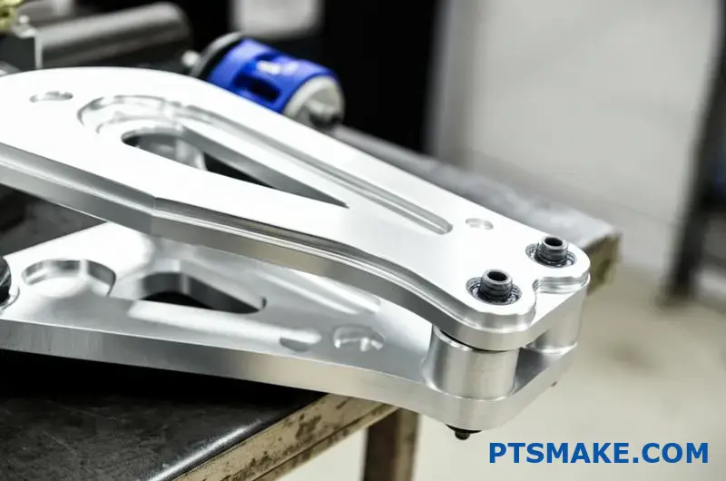 performance suspension custom control arms installed on sports car chassis