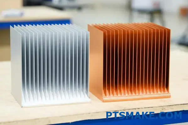 Aluminum and copper heat sinks showcasing different surface finishes
