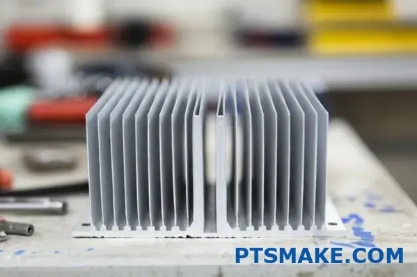 Aluminum heat sink with complex fins on workbench