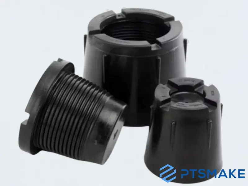 Three Black Plastic Connectors on a Light Background