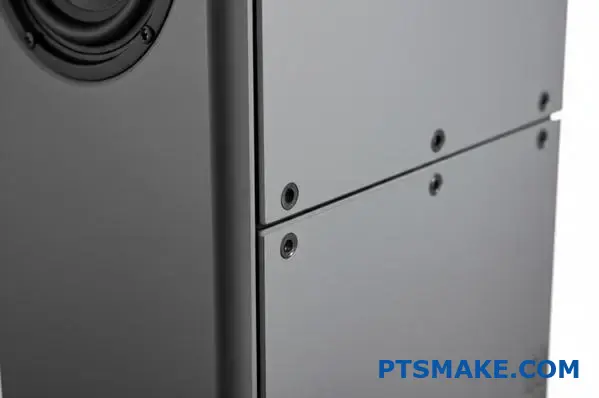 Brushed aluminum audio speaker box with precision CNC-machined finish