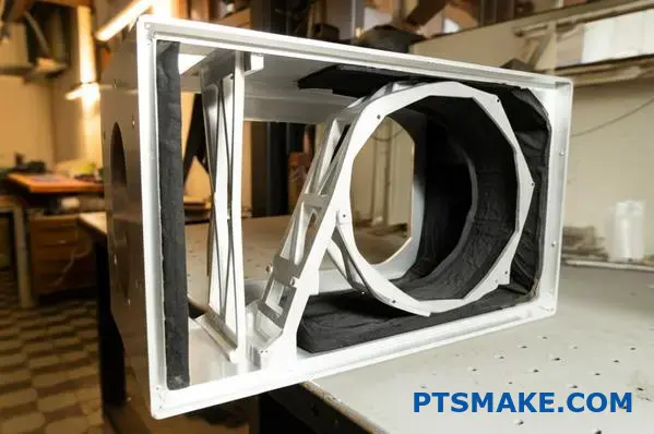 aluminum speaker enclosure with CNC aluminum braces and damping sheet inside