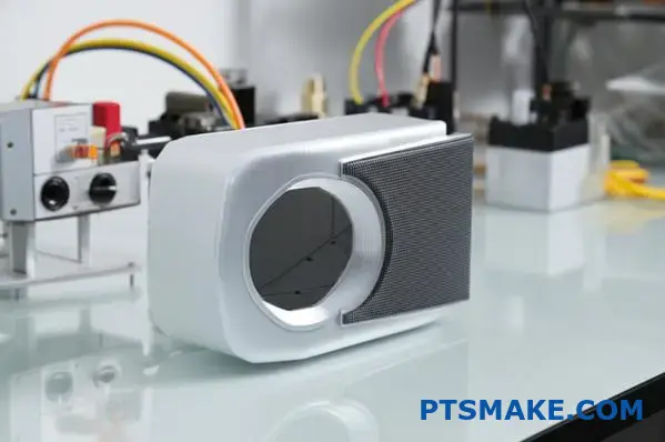 CNC machined aluminum speaker cabinet with internal structure and fine details