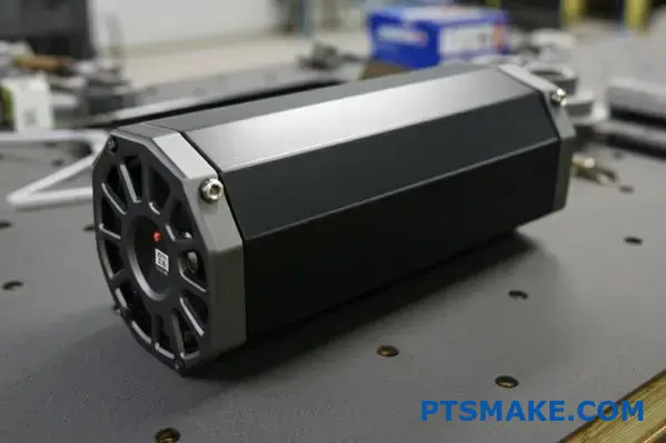 Black aluminum speaker enclosure with 316 stainless steel bolts and powder coating