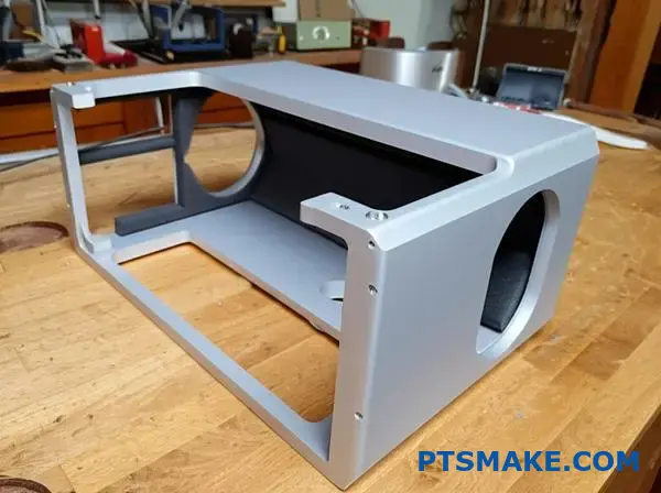 Cutaway aluminum speaker enclosure showing internal acoustic structure